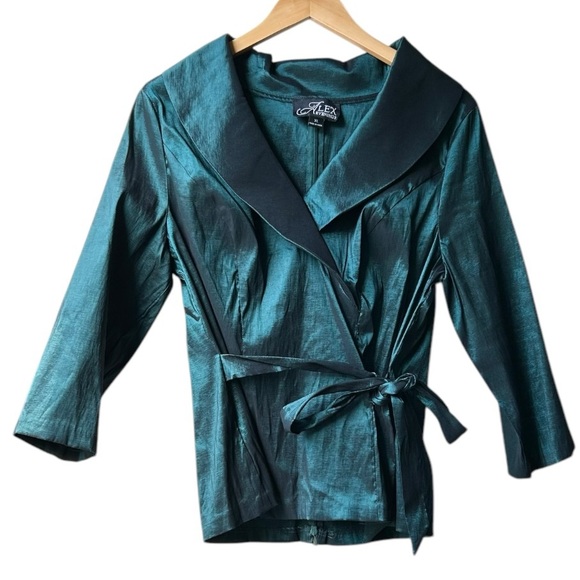 NWT Alex Evenings Green Taffeta Tie Waist Portrait Collar 3/4 Sleeve Top Sz XL - Picture 4 of 16